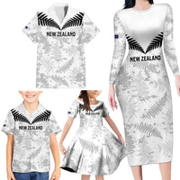 Custom New Zealand Silver Fern Football Family Matching Long Sleeve Bodycon Dress and Hawaiian Shirt Go Aotearoa Grunge White LT14 - Polynesian Pride