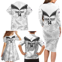 Custom New Zealand Silver Fern Football Family Matching Long Sleeve Bodycon Dress and Hawaiian Shirt Go Aotearoa Grunge White LT14 - Polynesian Pride