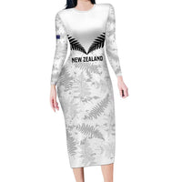 Custom New Zealand Silver Fern Football Family Matching Long Sleeve Bodycon Dress and Hawaiian Shirt Go Aotearoa Grunge White LT14 Mom's Dress White - Polynesian Pride