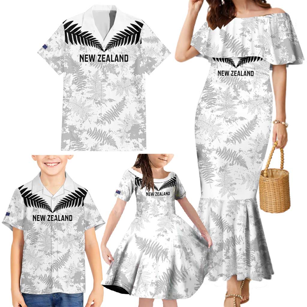 Custom New Zealand Silver Fern Football Family Matching Mermaid Dress and Hawaiian Shirt Go Aotearoa Grunge White LT14 - Polynesian Pride