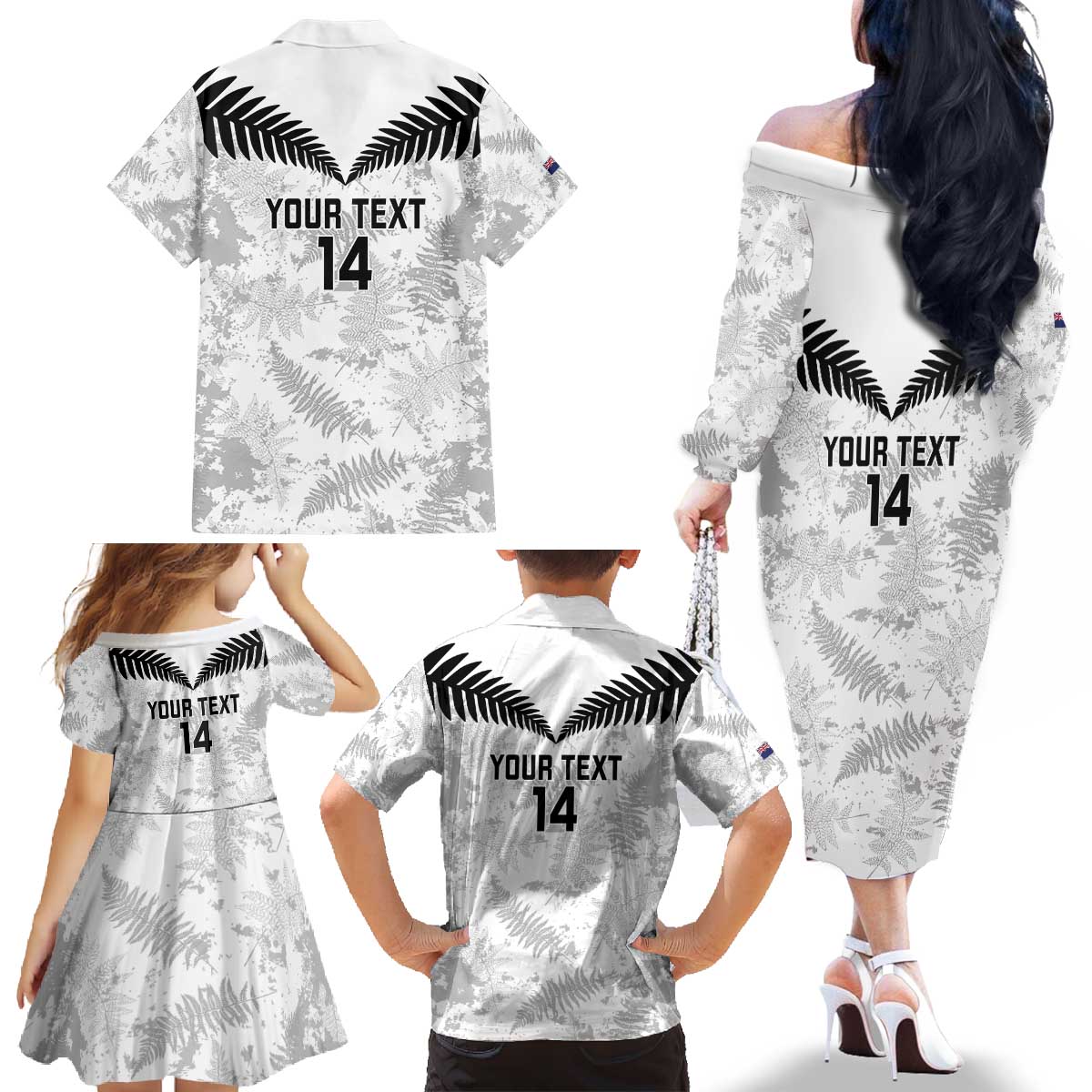 Custom New Zealand Silver Fern Football Family Matching Off The Shoulder Long Sleeve Dress and Hawaiian Shirt Go Aotearoa Grunge White LT14 - Polynesian Pride