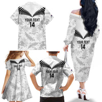 Custom New Zealand Silver Fern Football Family Matching Off The Shoulder Long Sleeve Dress and Hawaiian Shirt Go Aotearoa Grunge White LT14 - Polynesian Pride