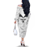 Custom New Zealand Silver Fern Football Family Matching Off The Shoulder Long Sleeve Dress and Hawaiian Shirt Go Aotearoa Grunge White LT14 - Polynesian Pride