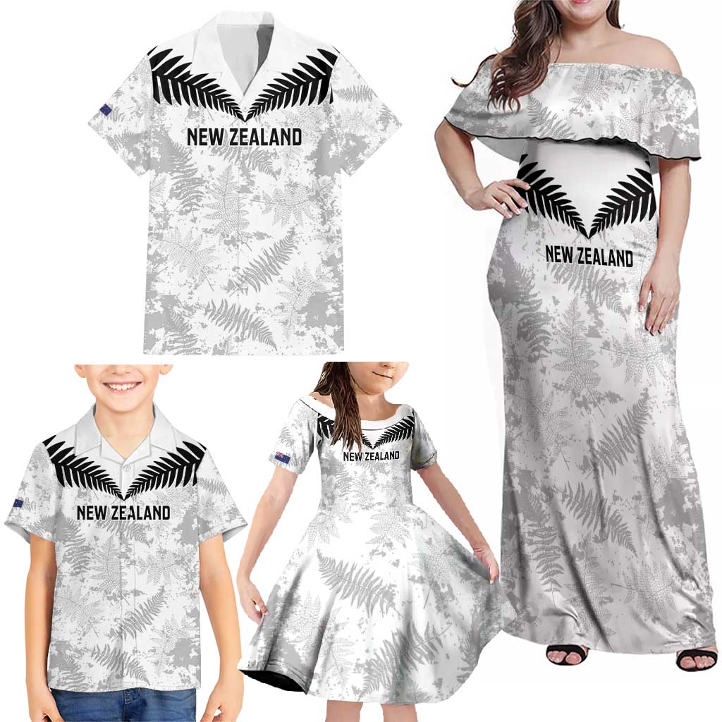 Custom New Zealand Silver Fern Football Family Matching Off Shoulder Maxi Dress and Hawaiian Shirt Go Aotearoa Grunge White LT14 - Polynesian Pride