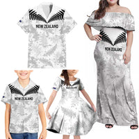 Custom New Zealand Silver Fern Football Family Matching Off Shoulder Maxi Dress and Hawaiian Shirt Go Aotearoa Grunge White LT14 - Polynesian Pride
