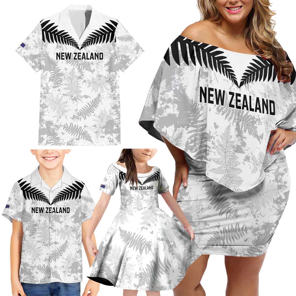 Custom New Zealand Silver Fern Football Family Matching Off Shoulder Short Dress and Hawaiian Shirt Go Aotearoa Grunge White LT14 - Polynesian Pride