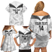 Custom New Zealand Silver Fern Football Family Matching Off Shoulder Short Dress and Hawaiian Shirt Go Aotearoa Grunge White LT14 - Polynesian Pride