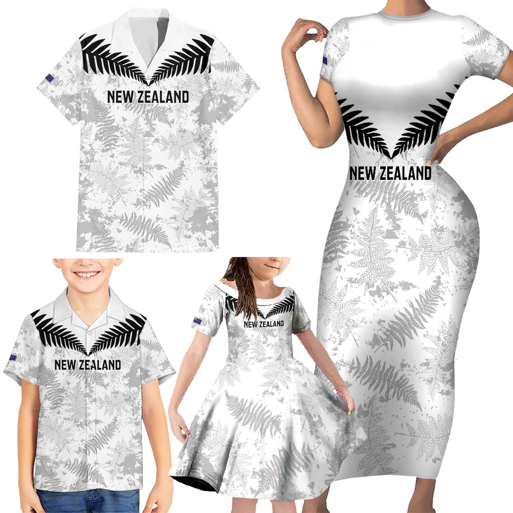 Custom New Zealand Silver Fern Football Family Matching Short Sleeve Bodycon Dress and Hawaiian Shirt Go Aotearoa Grunge White - Polynesian Pride