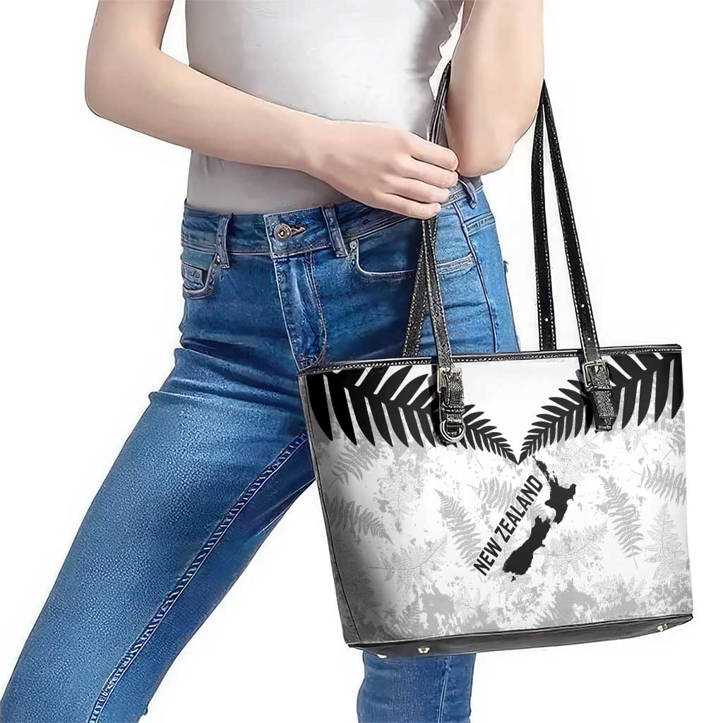 Custom New Zealand Silver Fern Football Leather Tote Bag Go Aotearoa Grunge White LT14 - Polynesian Pride