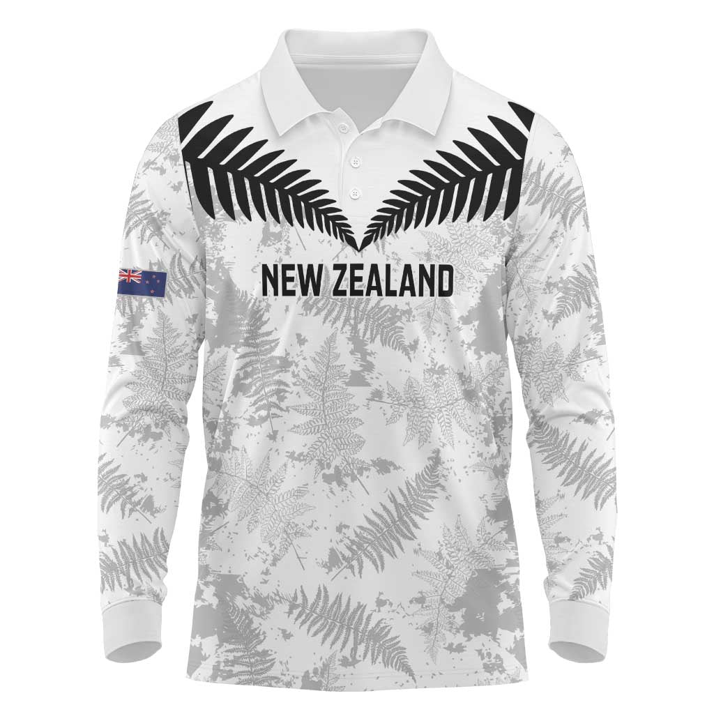Custom New Zealand Silver Fern Football Long Sleeve Polo Shirt Go Aotearoa Grunge White - Polynesian Pride
