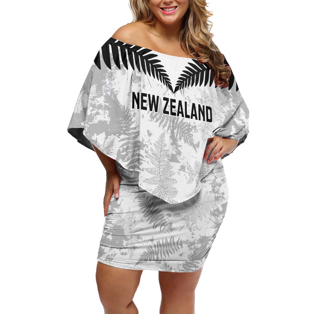 Custom New Zealand Silver Fern Football Off Shoulder Short Dress Go Aotearoa Grunge White LT14 Women White - Polynesian Pride