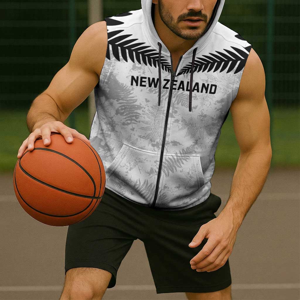 Custom New Zealand Silver Fern Football Sleeveless Zip Hoodie Go Aotearoa Grunge White LT14 - Polynesian Pride