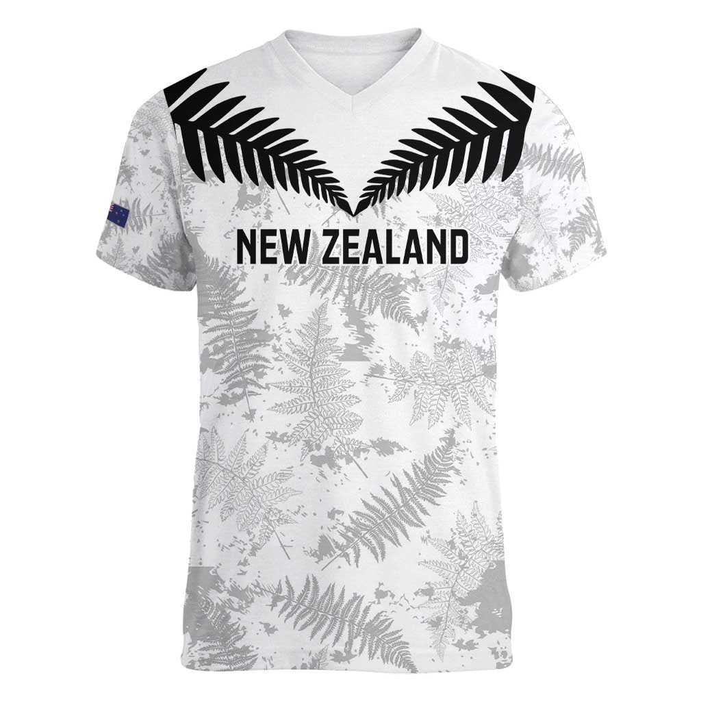 Custom New Zealand Silver Fern Football Women V-Neck T-Shirt Go Aotearoa Grunge White LT14 Female White - Polynesian Pride