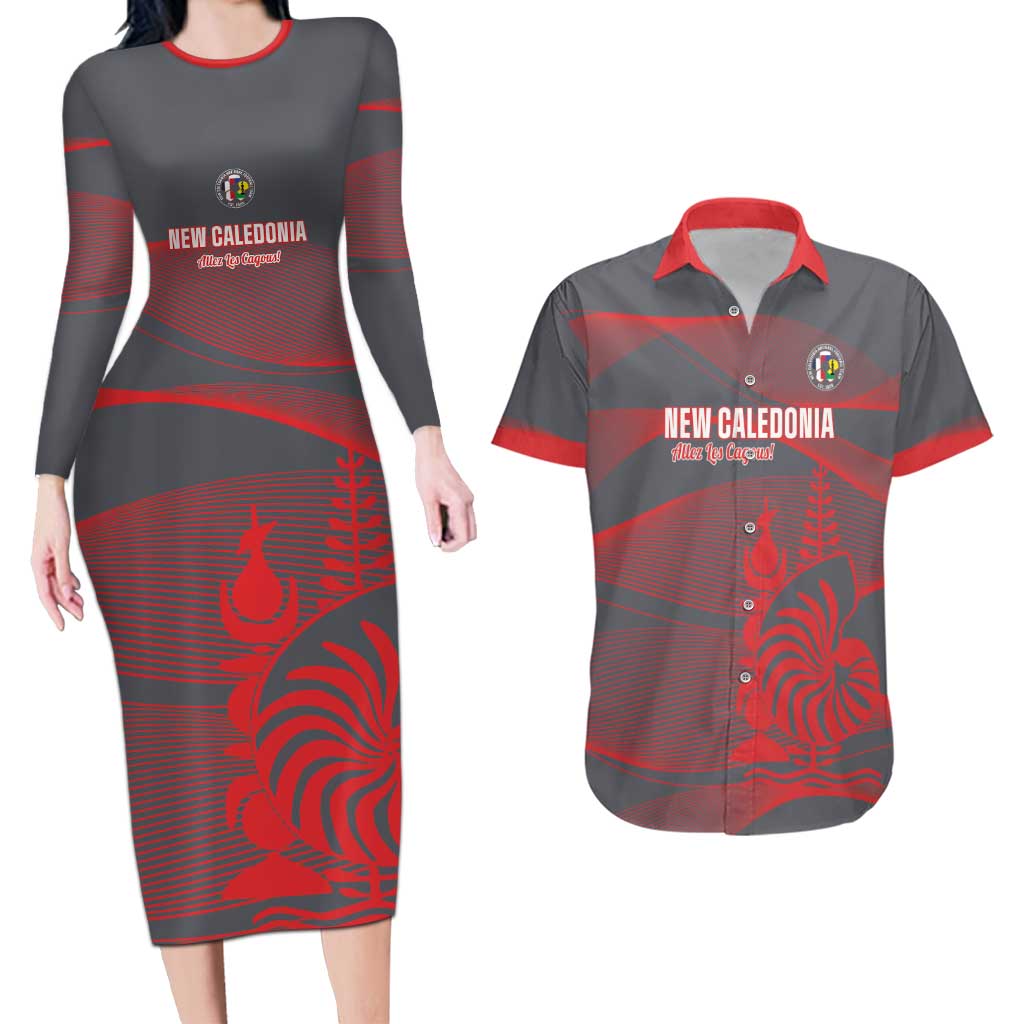 Custom New Caledonia Football Couples Matching Long Sleeve Bodycon Dress and Hawaiian Shirt Allez Les Cagous Grey Version LT14 Grey - Polynesian Pride