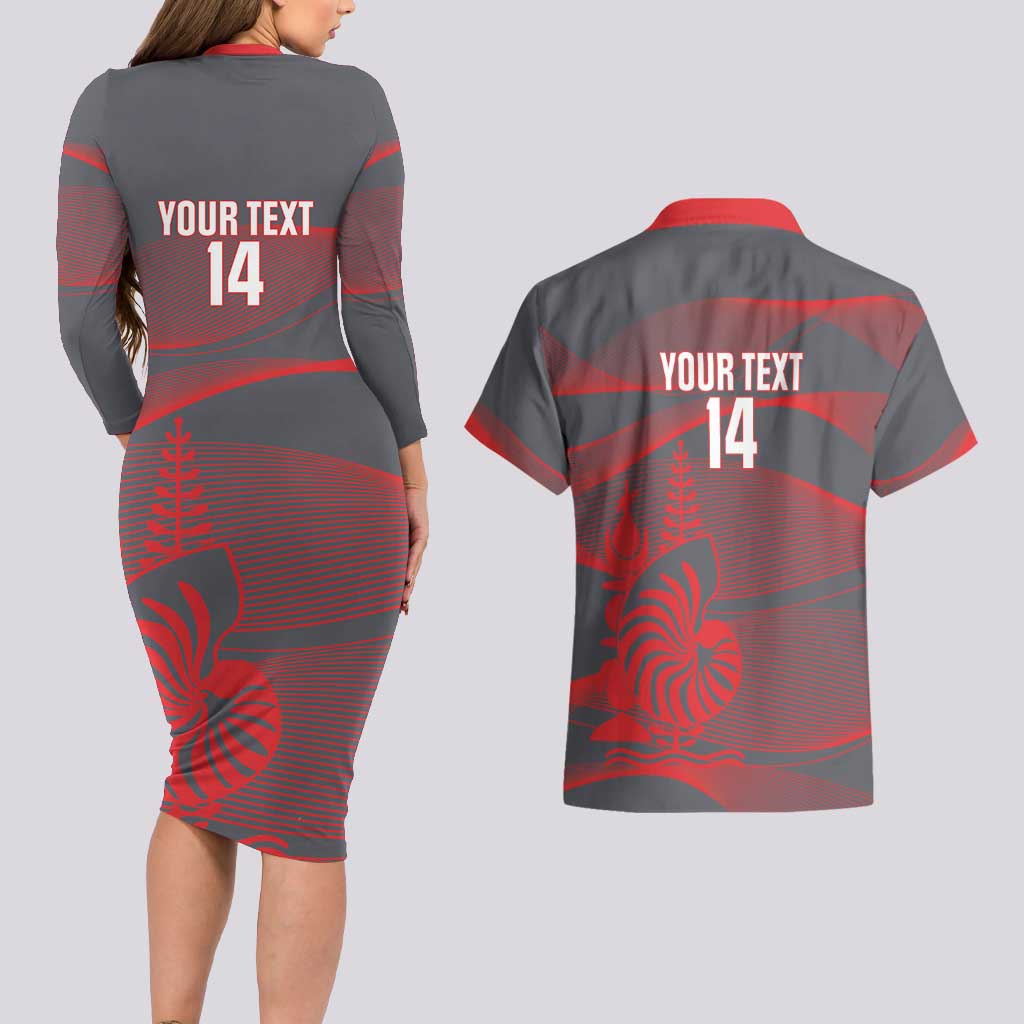 Custom New Caledonia Football Couples Matching Long Sleeve Bodycon Dress and Hawaiian Shirt Allez Les Cagous Grey Version LT14 - Polynesian Pride