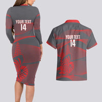 Custom New Caledonia Football Couples Matching Long Sleeve Bodycon Dress and Hawaiian Shirt Allez Les Cagous Grey Version LT14 - Polynesian Pride