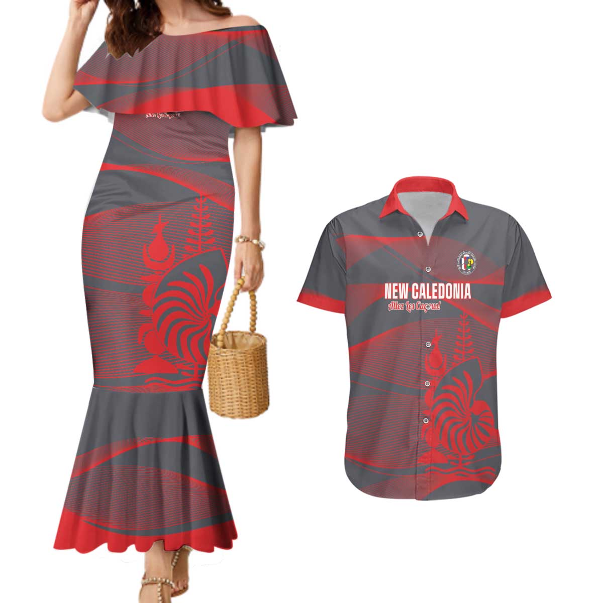 Custom New Caledonia Football Couples Matching Mermaid Dress and Hawaiian Shirt Allez Les Cagous Grey Version LT14 Grey - Polynesian Pride