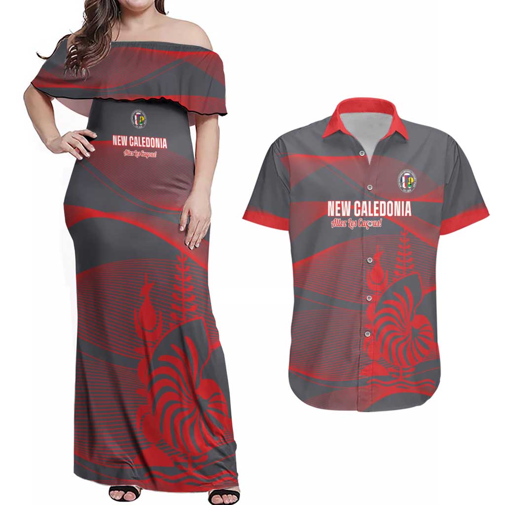 Custom New Caledonia Football Couples Matching Off Shoulder Maxi Dress and Hawaiian Shirt Allez Les Cagous Grey Version - Polynesian Pride