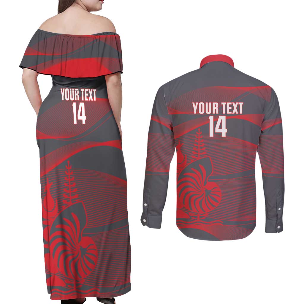 Custom New Caledonia Football Couples Matching Off Shoulder Maxi Dress and Long Sleeve Button Shirt Allez Les Cagous Grey Version - Polynesian Pride