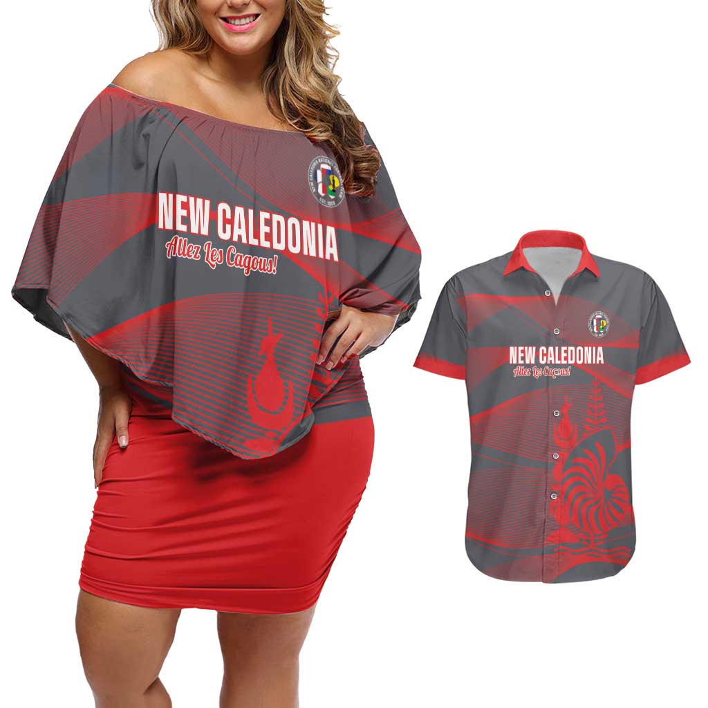 Custom New Caledonia Football Couples Matching Off Shoulder Short Dress and Hawaiian Shirt Allez Les Cagous Grey Version LT14 Grey - Polynesian Pride