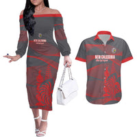 Custom New Caledonia Football Couples Matching Off The Shoulder Long Sleeve Dress and Hawaiian Shirt Allez Les Cagous Grey Version LT14 Grey - Polynesian Pride