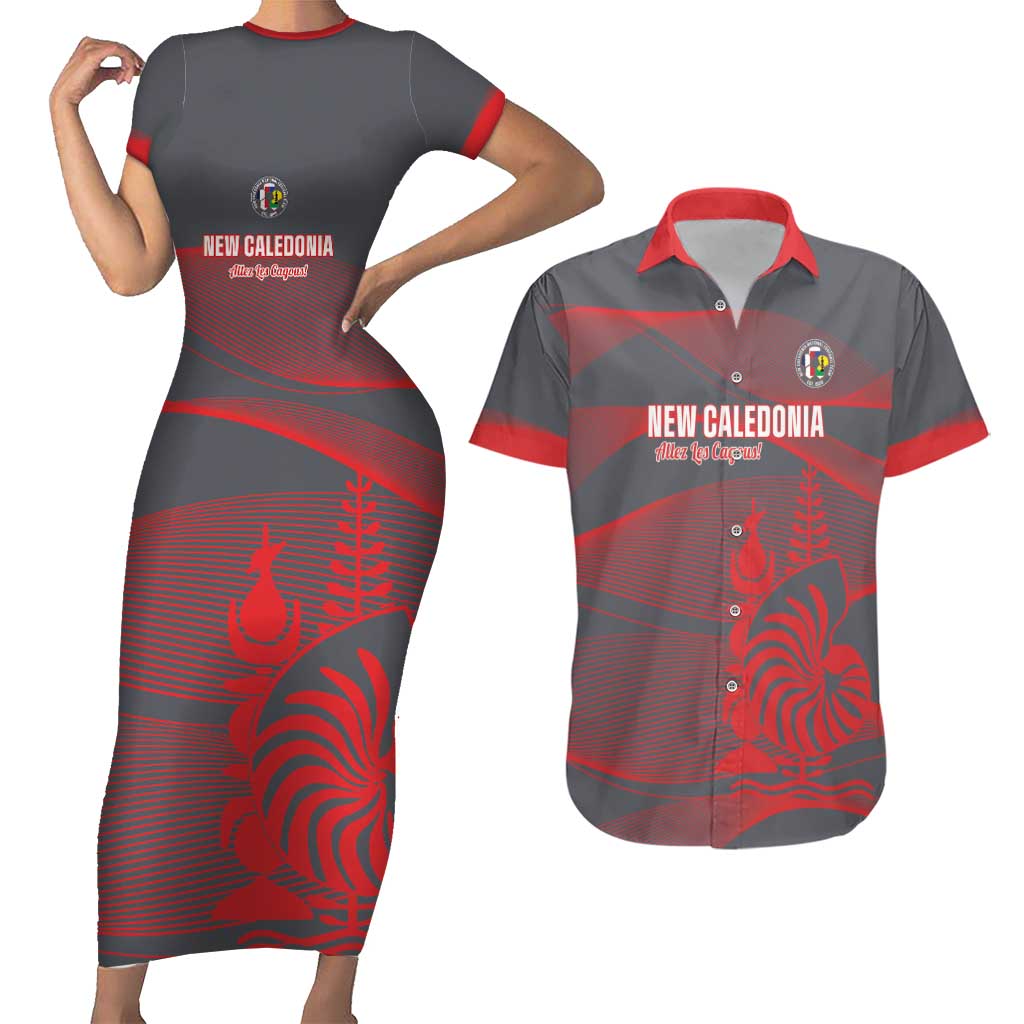 Custom New Caledonia Football Couples Matching Short Sleeve Bodycon Dress and Hawaiian Shirt Allez Les Cagous Grey Version LT14 Grey - Polynesian Pride