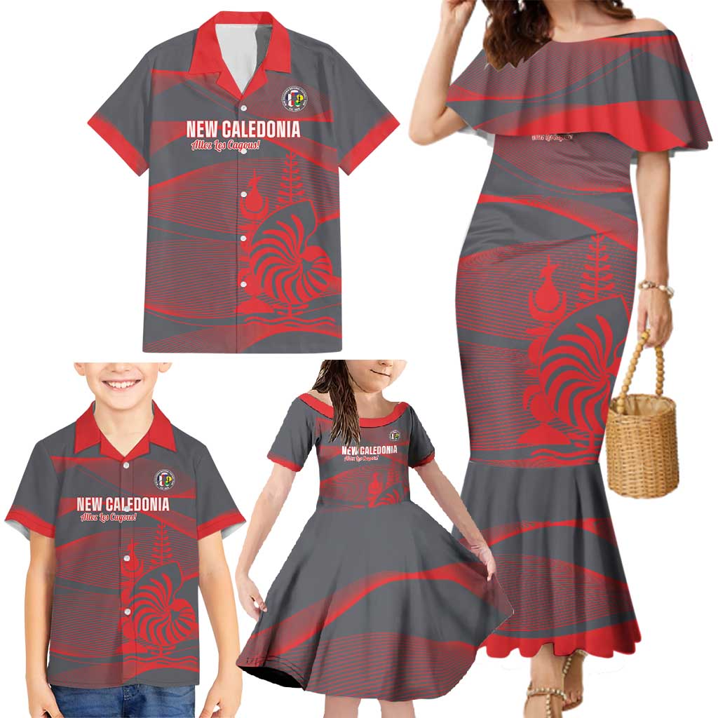 Custom New Caledonia Football Family Matching Mermaid Dress and Hawaiian Shirt Allez Les Cagous Grey Version - Polynesian Pride