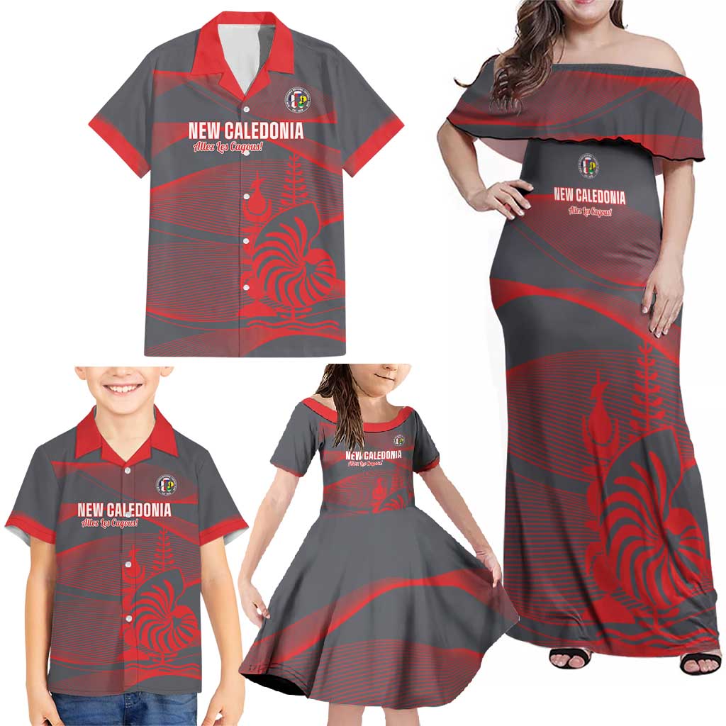 Custom New Caledonia Football Family Matching Off Shoulder Maxi Dress and Hawaiian Shirt Allez Les Cagous Grey Version - Polynesian Pride