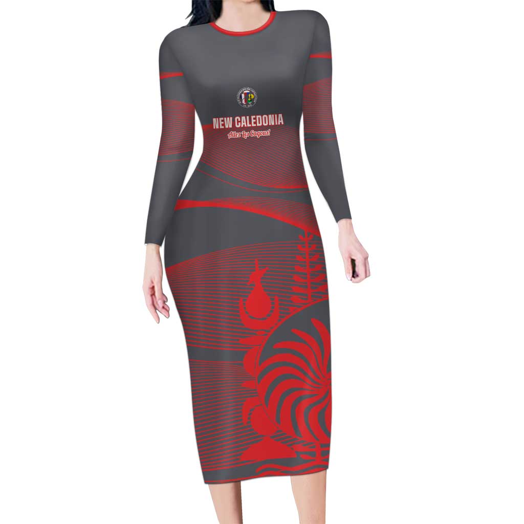 Custom New Caledonia Football Long Sleeve Bodycon Dress Allez Les Cagous Grey Version - Polynesian Pride