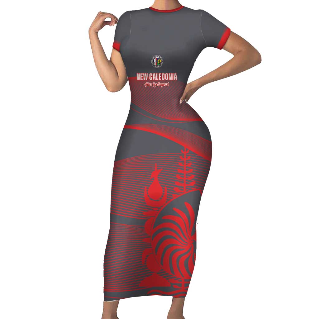 Custom New Caledonia Football Short Sleeve Bodycon Dress Allez Les Cagous Grey Version LT14 Long Dress Grey - Polynesian Pride