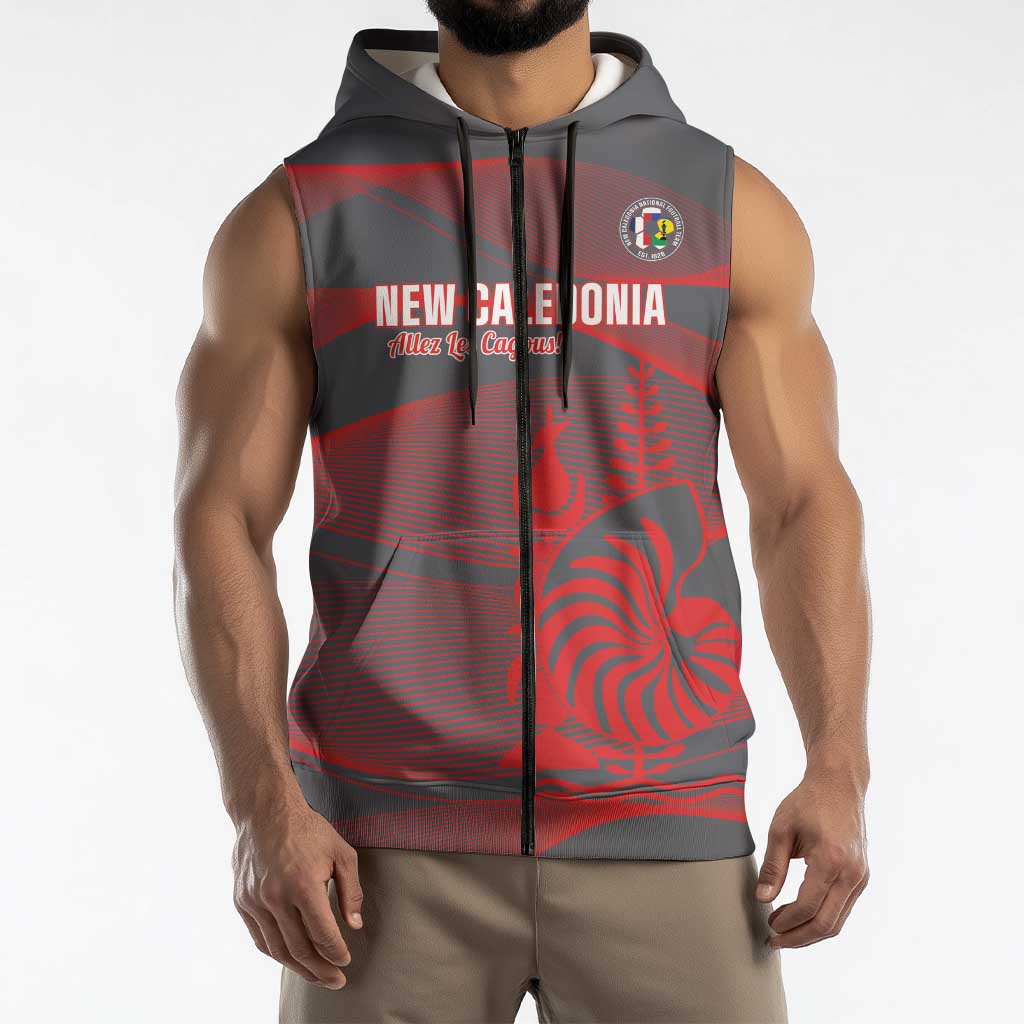 Custom New Caledonia Football Sleeveless Zip Hoodie Allez Les Cagous Grey Version - Polynesian Pride
