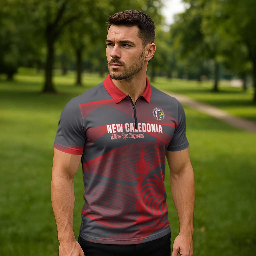 Custom New Caledonia Football Zipper Polo Shirt Allez Les Cagous Grey Version - Polynesian Pride