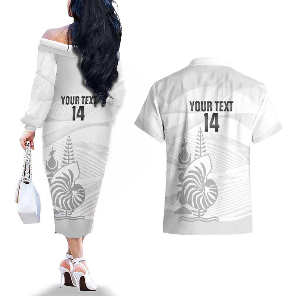 Custom New Caledonia Football Couples Matching Off The Shoulder Long Sleeve Dress and Hawaiian Shirt Allez Les Cagous White Version LT14 - Polynesian Pride