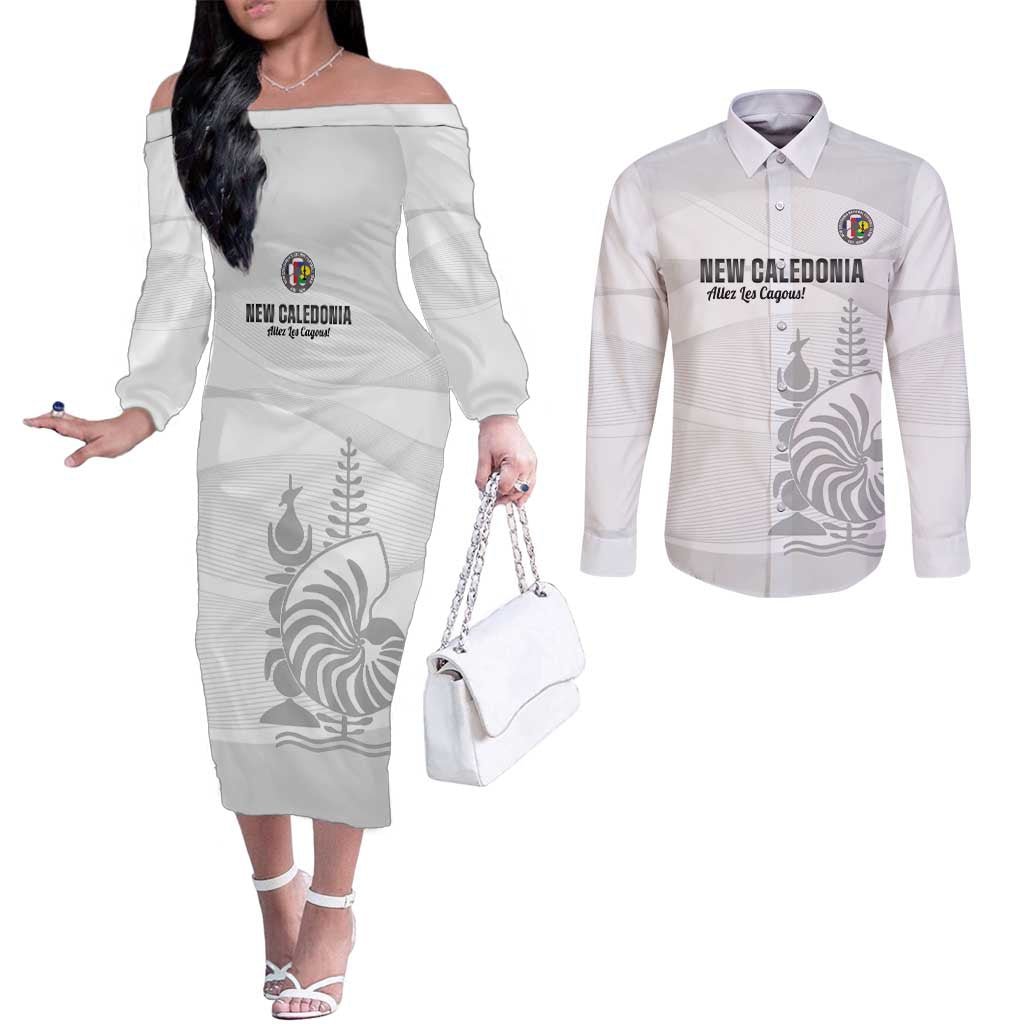 Custom New Caledonia Football Couples Matching Off The Shoulder Long Sleeve Dress and Long Sleeve Button Shirt Allez Les Cagous White Version LT14 White - Polynesian Pride