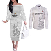 Custom New Caledonia Football Couples Matching Off The Shoulder Long Sleeve Dress and Long Sleeve Button Shirt Allez Les Cagous White Version LT14 White - Polynesian Pride