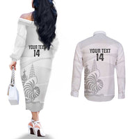 Custom New Caledonia Football Couples Matching Off The Shoulder Long Sleeve Dress and Long Sleeve Button Shirt Allez Les Cagous White Version LT14 - Polynesian Pride