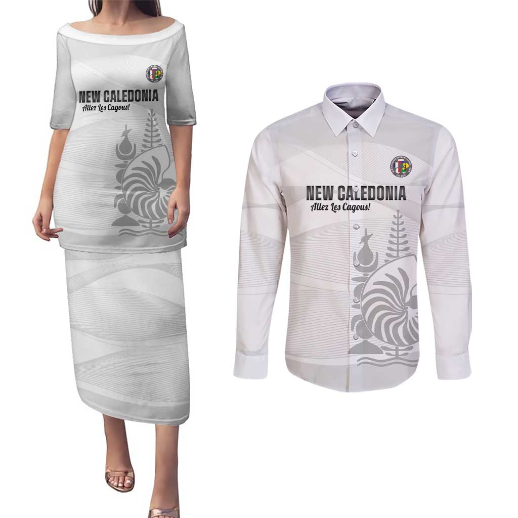 Custom New Caledonia Football Couples Matching Puletasi and Long Sleeve Button Shirt Allez Les Cagous White Version LT14 White - Polynesian Pride