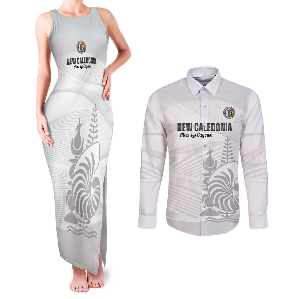 Custom New Caledonia Football Couples Matching Tank Maxi Dress and Long Sleeve Button Shirt Allez Les Cagous White Version LT14 White - Polynesian Pride