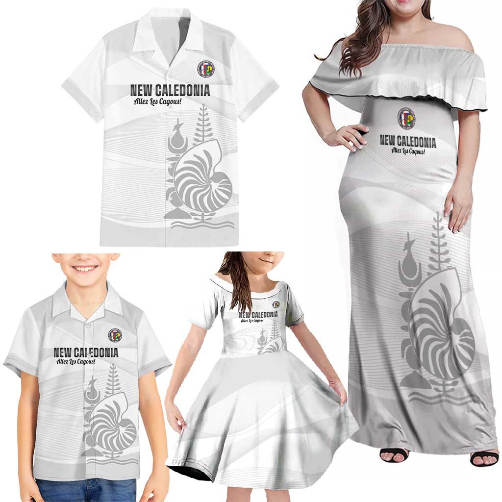 Custom New Caledonia Football Family Matching Off Shoulder Maxi Dress and Hawaiian Shirt Allez Les Cagous White Version LT14 - Polynesian Pride