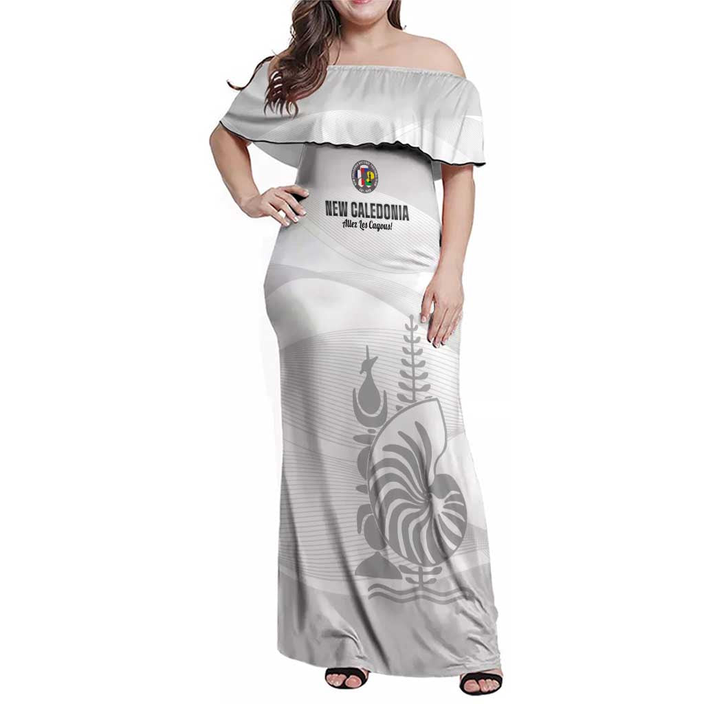 Custom New Caledonia Football Family Matching Off Shoulder Maxi Dress and Hawaiian Shirt Allez Les Cagous White Version LT14 Mom's Dress White - Polynesian Pride