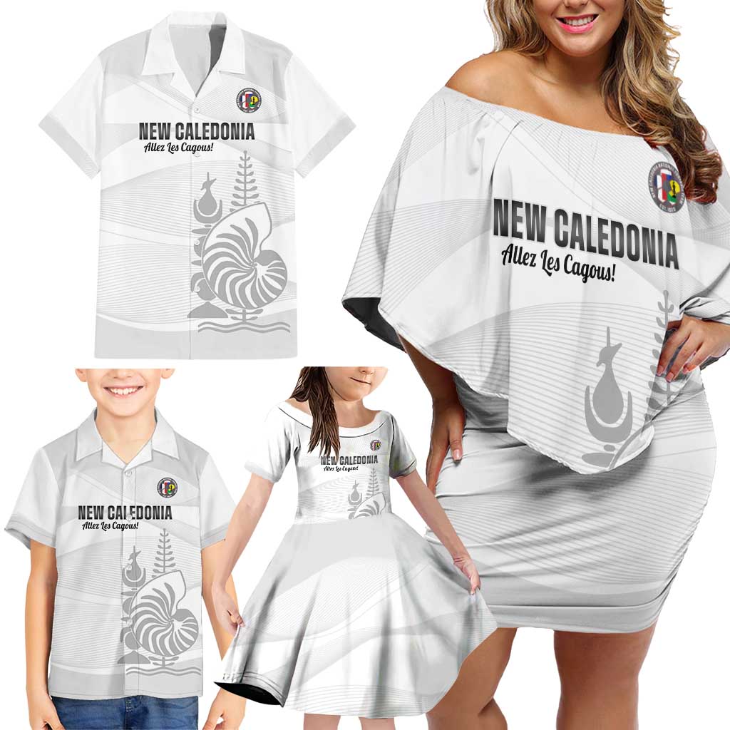 Custom New Caledonia Football Family Matching Off Shoulder Short Dress and Hawaiian Shirt Allez Les Cagous White Version LT14 - Polynesian Pride