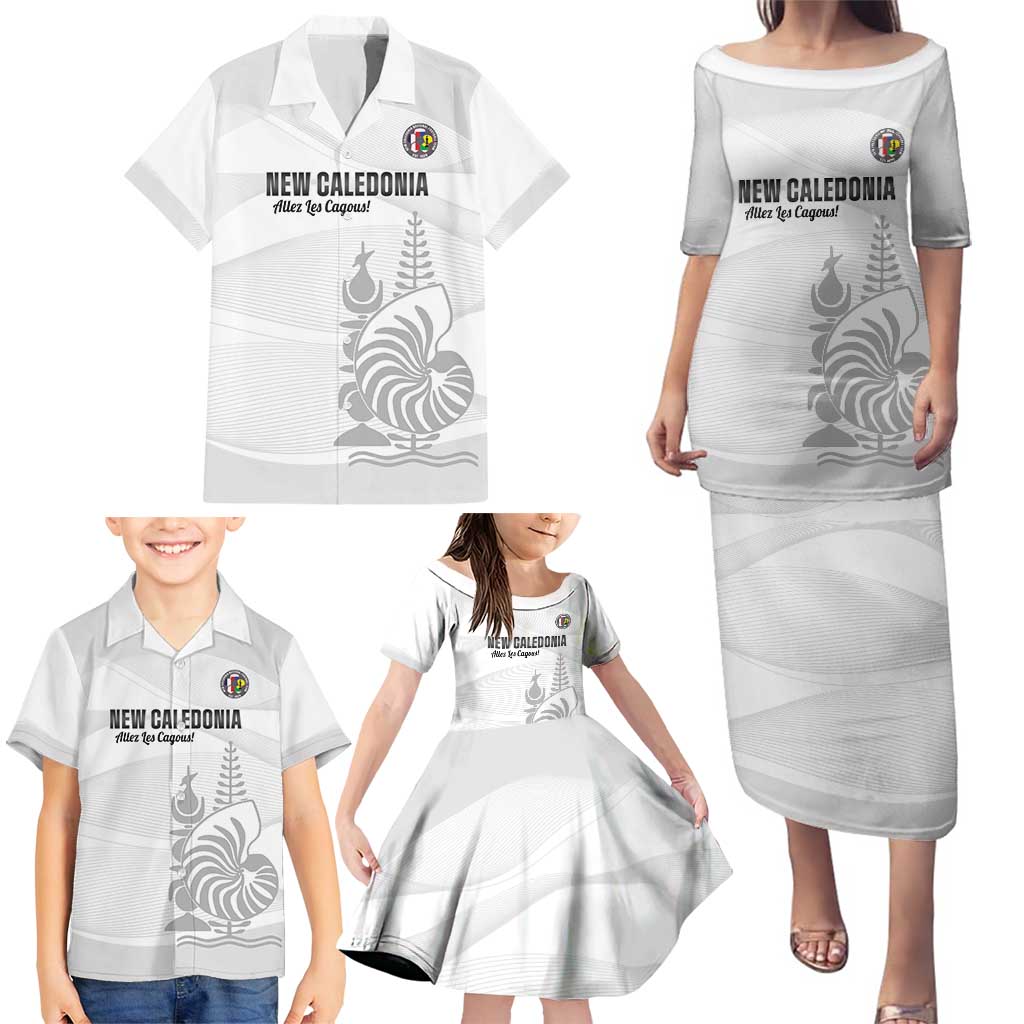 Custom New Caledonia Football Family Matching Puletasi and Hawaiian Shirt Allez Les Cagous White Version - Polynesian Pride