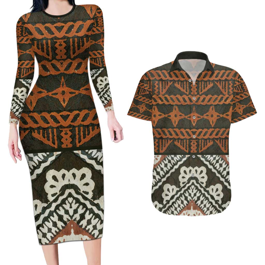 Bula Fiji Tapa Couples Matching Long Sleeve Bodycon Dress and Hawaiian Shirt Fijian Masi Vintage Vibes - Polynesian Pride