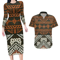 Bula Fiji Tapa Couples Matching Long Sleeve Bodycon Dress and Hawaiian Shirt Fijian Masi Vintage Vibes LT14 Brown - Polynesian Pride
