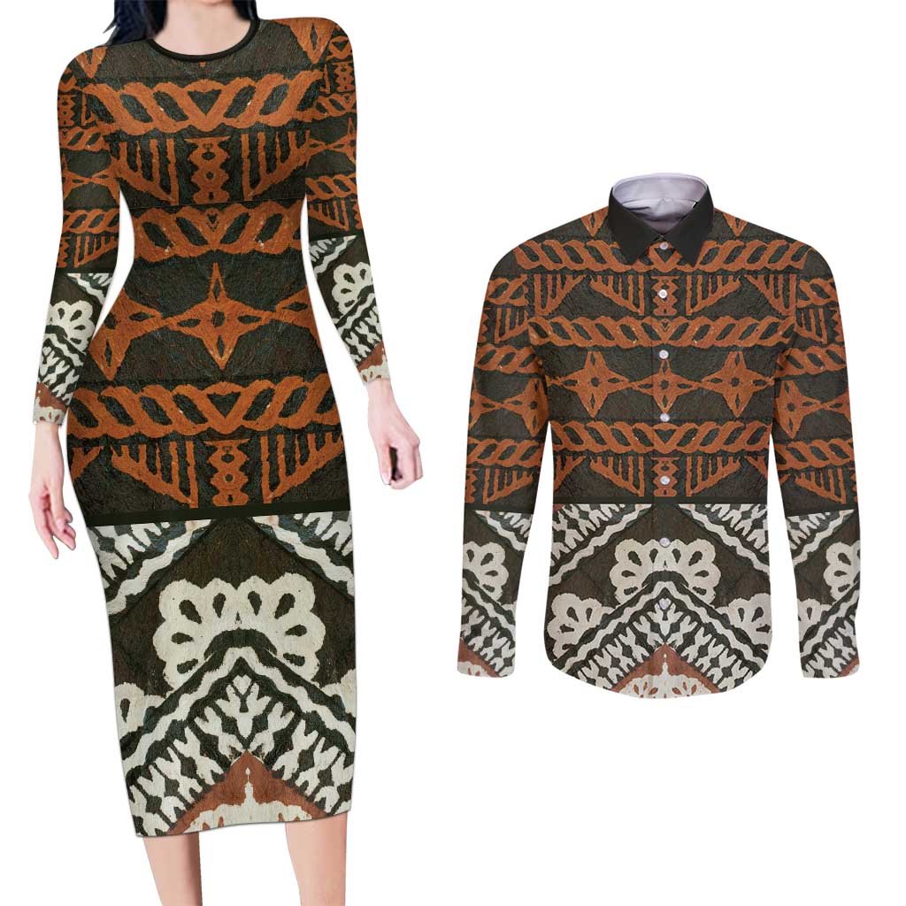 Bula Fiji Tapa Couples Matching Long Sleeve Bodycon Dress and Long Sleeve Button Shirt Fijian Masi Vintage Vibes LT14 Brown - Polynesian Pride