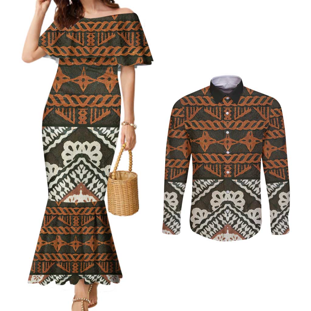Bula Fiji Tapa Couples Matching Mermaid Dress and Long Sleeve Button Shirt Fijian Masi Vintage Vibes - Polynesian Pride
