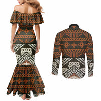 Bula Fiji Tapa Couples Matching Mermaid Dress and Long Sleeve Button Shirt Fijian Masi Vintage Vibes LT14 - Polynesian Pride