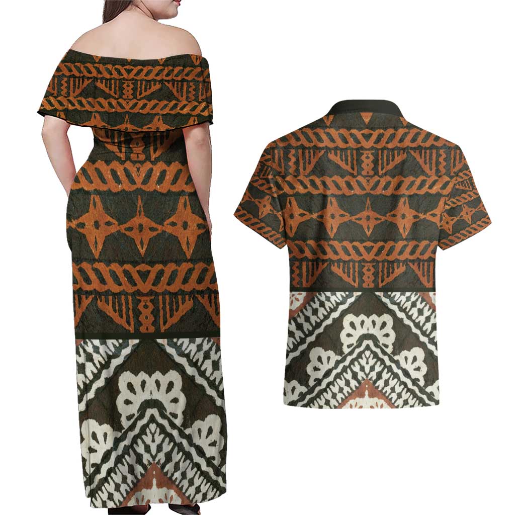 Bula Fiji Tapa Couples Matching Off Shoulder Maxi Dress and Hawaiian Shirt Fijian Masi Vintage Vibes LT14 - Polynesian Pride