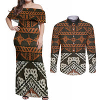 Bula Fiji Tapa Couples Matching Off Shoulder Maxi Dress and Long Sleeve Button Shirt Fijian Masi Vintage Vibes LT14 Brown - Polynesian Pride