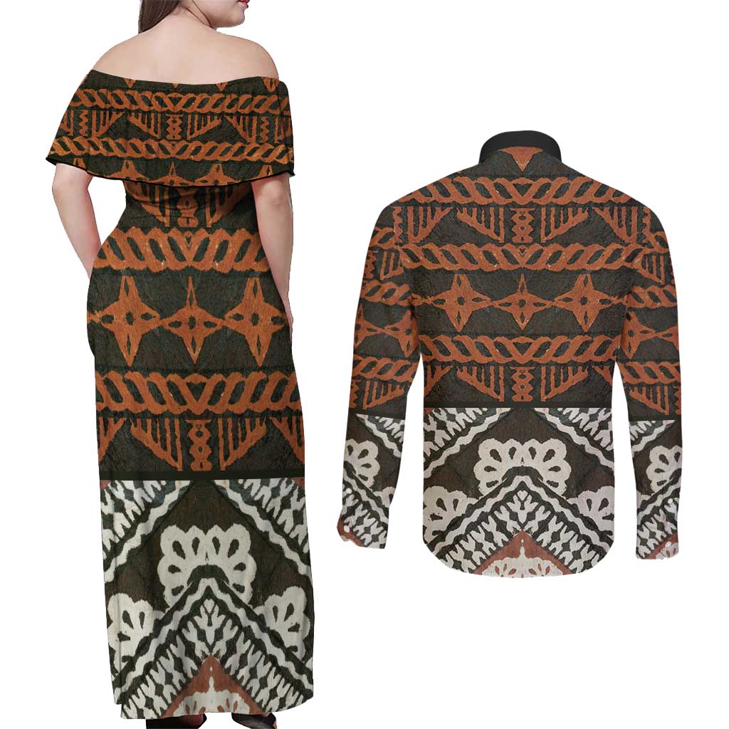 Bula Fiji Tapa Couples Matching Off Shoulder Maxi Dress and Long Sleeve Button Shirt Fijian Masi Vintage Vibes LT14 - Polynesian Pride